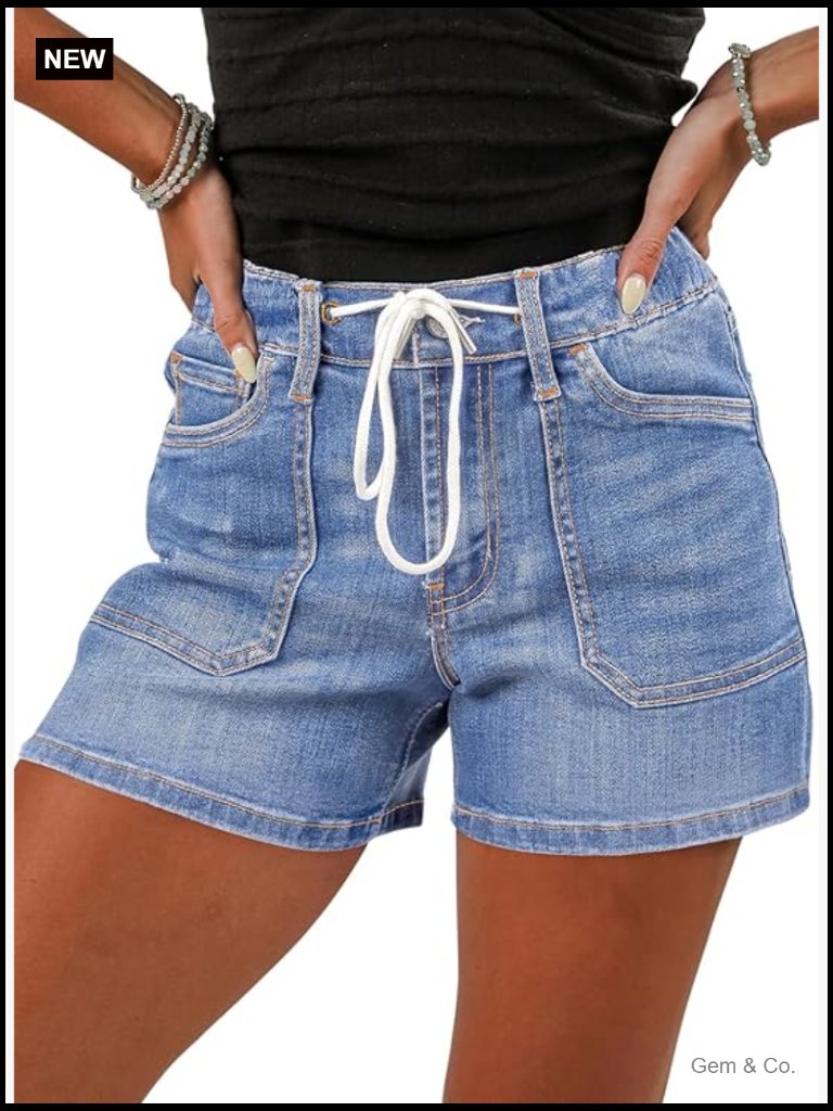 High Waisted Stretchy Jean Shorts With Pockets Drawstring Denim